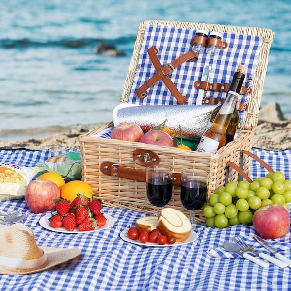 Numhew Blue Picnic Basket Set for 2, Wicker Picnic Basket with