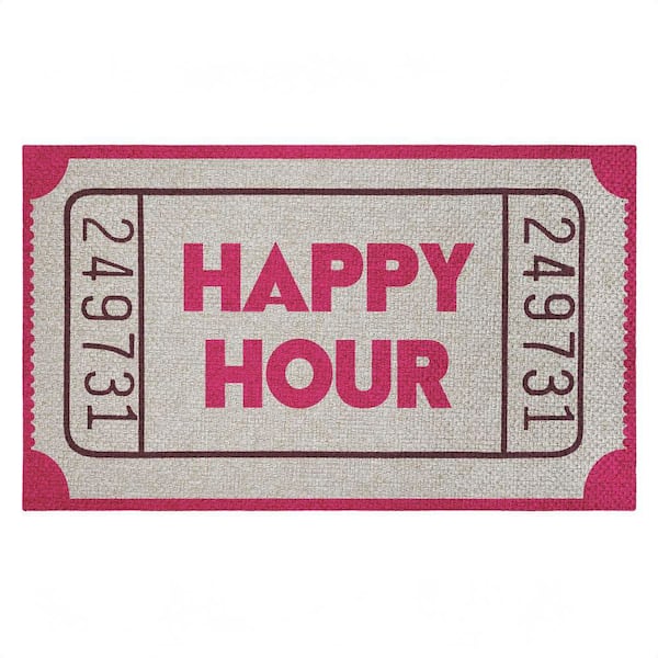 Happy Hour Ticket Stub Pink 18 in. x 30 in. Polyester Non-Slip Outdoor Door Mat