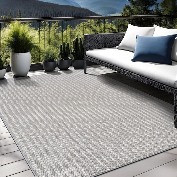 Arrow Gray 9 ft. x 12 ft. Chevron Striped Washable Indoor Outdoor Area Rug