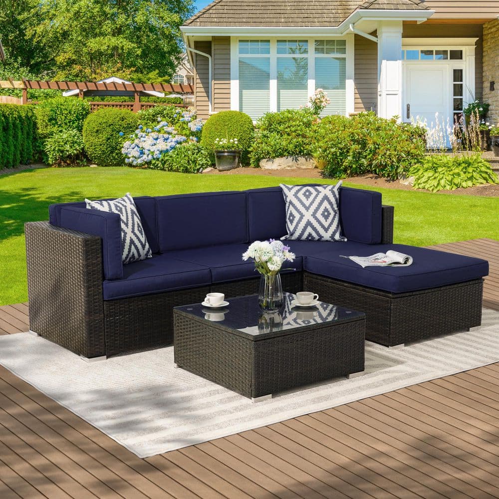5-Piece Wicker Patio Conversation Sectional Seating Set with Navy Blue Cushions price history on PriceWatchPro