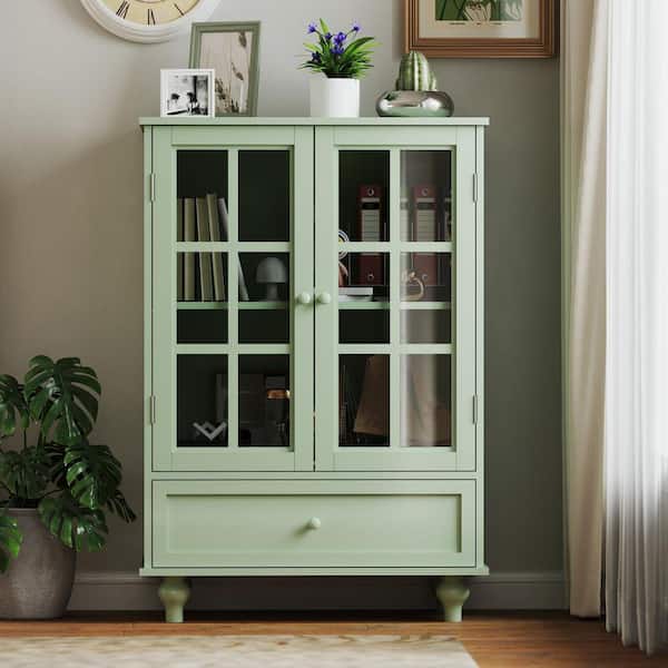 Green MDF 28 in. Buffet Storage Sideboard with Double Glass Doors and Drawer