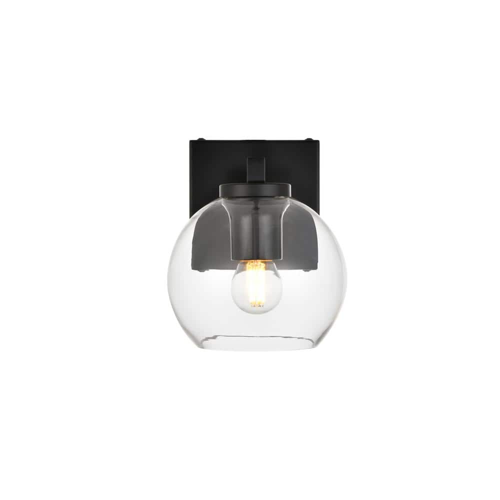 Simply Living 6 in. 1-Light Modern Black Vanity Light with Clear Round Shad