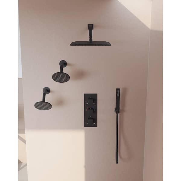 GRANDJOY ZenithRain Shower System 8-Spray 12&6&6 in. Dual Wall Mount Fixed and Handheld Shower Head 2.5GPM in Matte Black