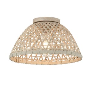 13 in. W x 7.25 in. H, 1-Light Matte Black and Natural Rattan Flush Mount