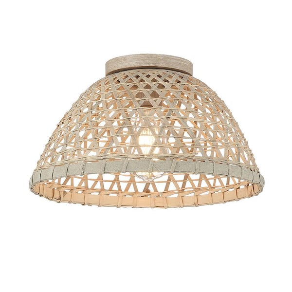 TUXEDO PARK LIGHTING 13 in. W x 7.25 in. H, 1-Light Matte Black and Natural Rattan Flush Mount
