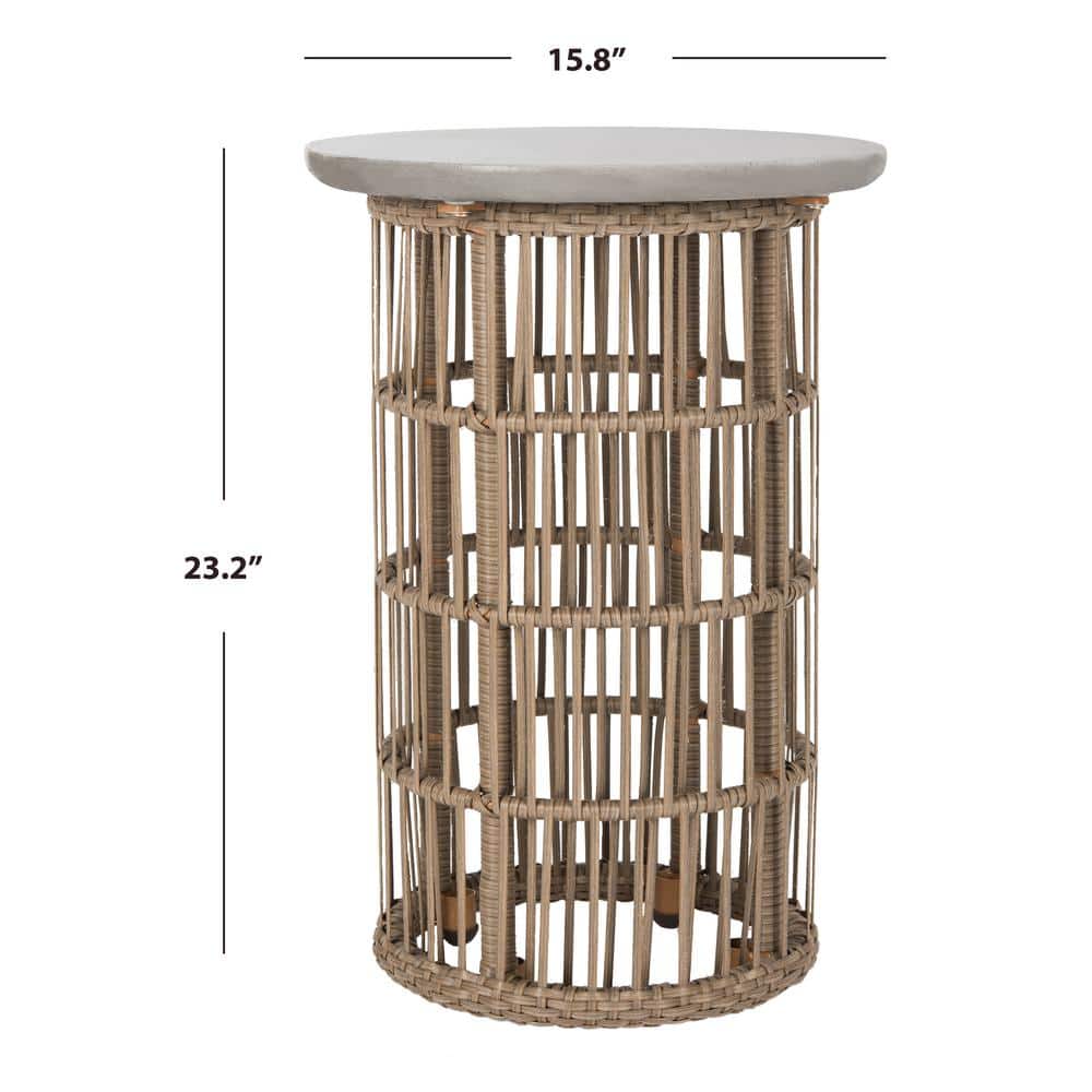 Fane 16'' Dark Grey Concrete & Rattan Round Side Table