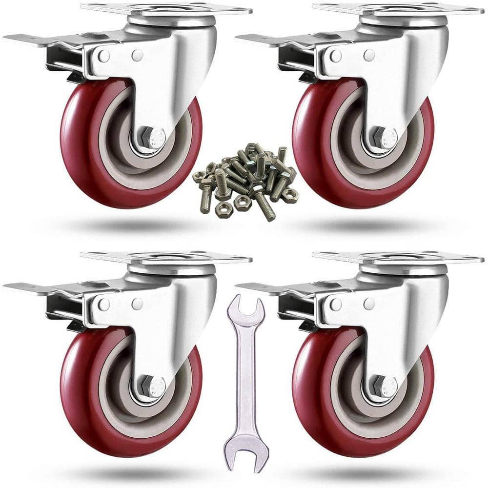 3 Inch Red Polyurethane Swivel Casters with Brakes, Set of 4