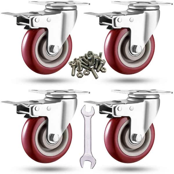 Angel Sar 3 in. Noise-Free 360-Degree Swivel Plate Heavy-Duty Caster Wheels with Free Screws and a Screwdriver, Red (4-Pack)