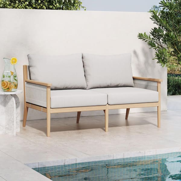 Kayden Raw Oak 1-Piece Solid Wood Outdoor Loveseat with White Cream Upholstered Cushions and Rope Accents