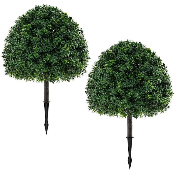 2-Piece 28 in. Artificial Boxwood Topiary Ball Tree Set w/Ground Spike Sun-Protective