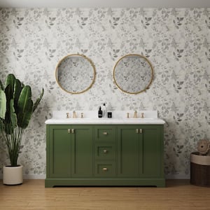 Moray 60 in. W x 22 in. D x 40 in. H Freestanding Double Sinks Bath Vanity in Green with White Marble Countertop