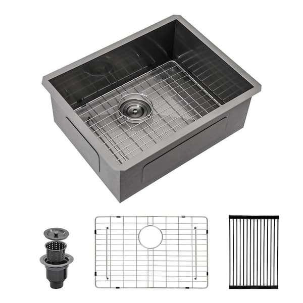 23 in. Gunmetal Black Undermount Single Bowl 16-Gauge Stainless Steel Kitchen Bar Sink with Bottom Grid and Drain
