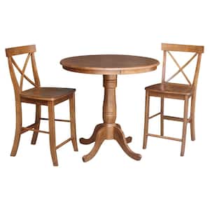 3-Piece 36 in. Bourbon Oak Round Counter Height Dining Table and 2-Alexa X-Back Stools