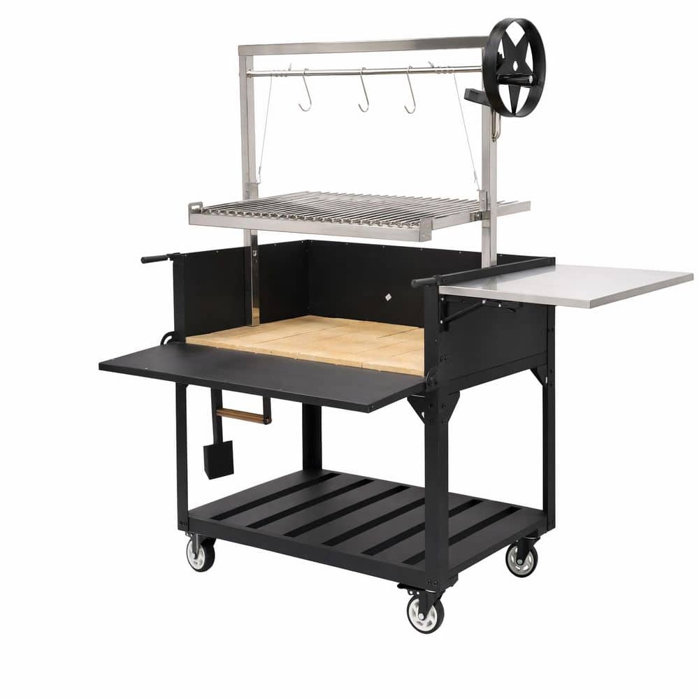 Large Charcoal Grill in Black with Height-Adjustable 304 Stainless Steel Rack Firebricks and Foldable Side Prep Table