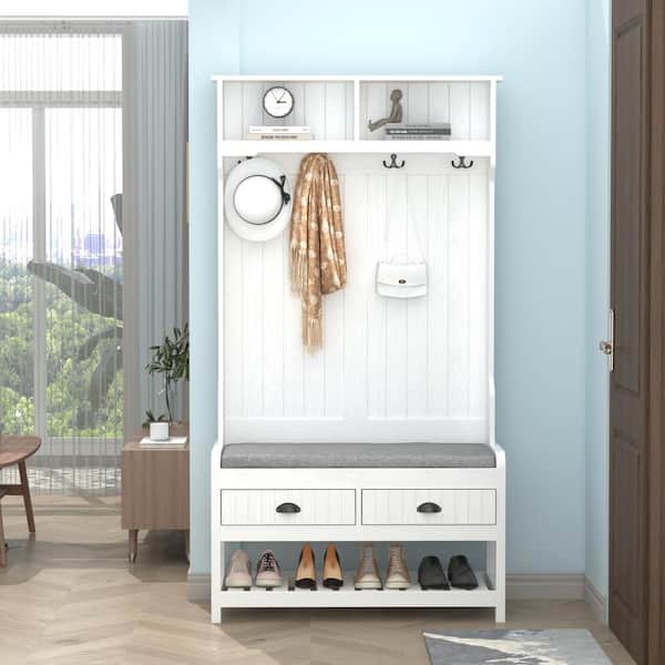 FUFU&GAGA 68.5 Depot Storage Bench 3-in-1 in. 2-Drawers, - Coat Home The KF020217-01-KPL Wood and with 4-Metal Hooks Rack White