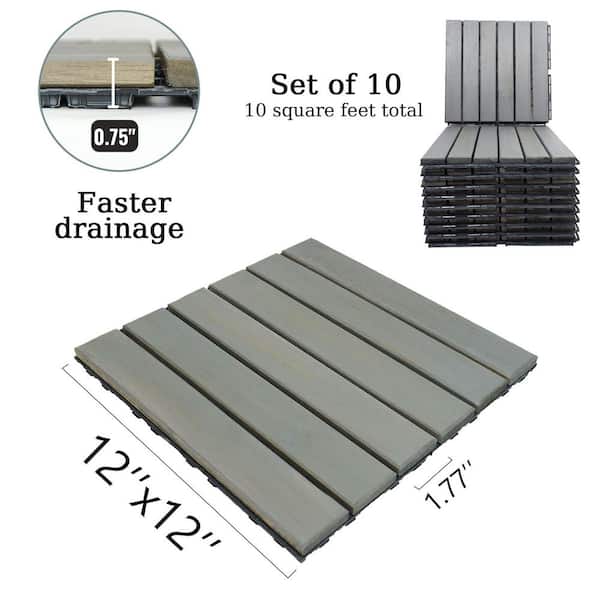 12 in. x 12 in. Gray Square Acacia Wood Interlocking Flooring Tiles Striped Pattern Pack of 10 Tiles