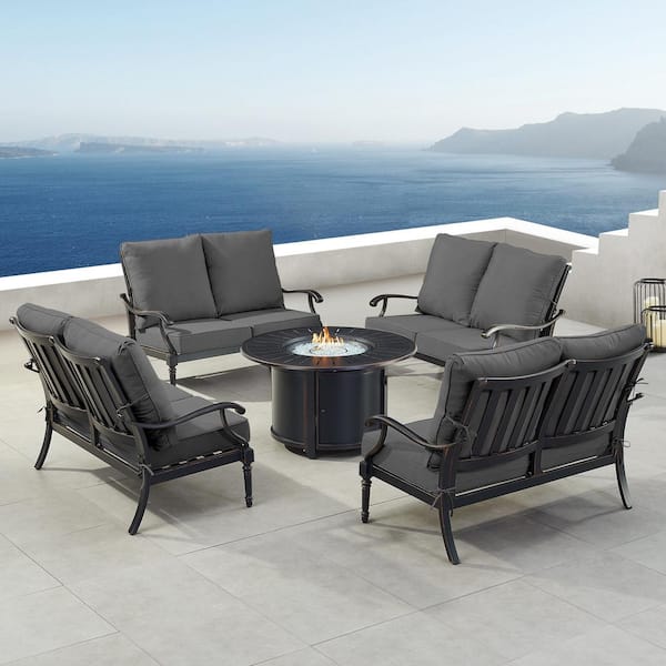 Oakland Living Black Aluminum Fire Table Set with 4-Deep Seating Loveseat with Cushions