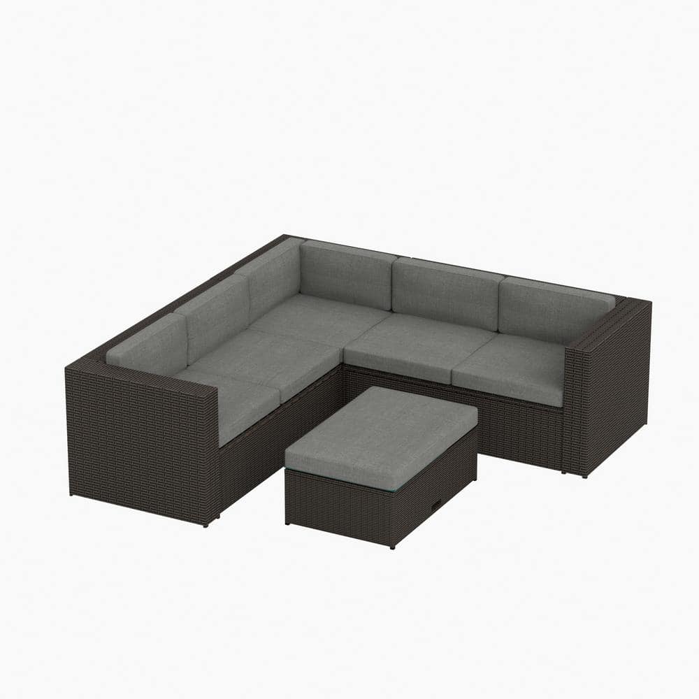 6-Piece Brown and Gray Steel Patio Sectional Set with Storage Ottoman