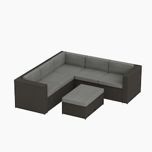 Kaison Outdoor Patio 6-Seater L-Shaped Sectional Sofa Set, Convertible Storage Ottoman Coffee Table, Brown Wicker Frame