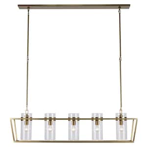 Rael 5-Light Antique Gold Linear Kitchen Island Pendant Light Fixture with Clear Glass Shades