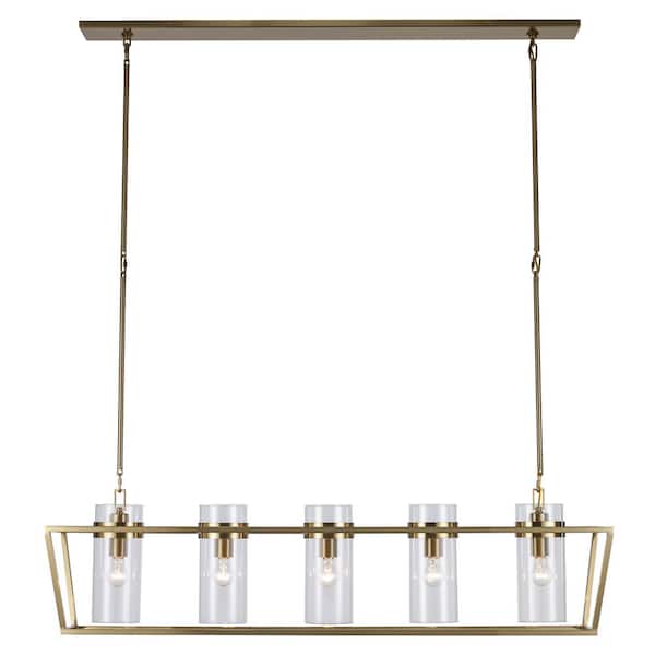 Bel Air Lighting Rael 5-Light Antique Gold Linear Kitchen Island Pendant Light Fixture with Clear Glass Shades