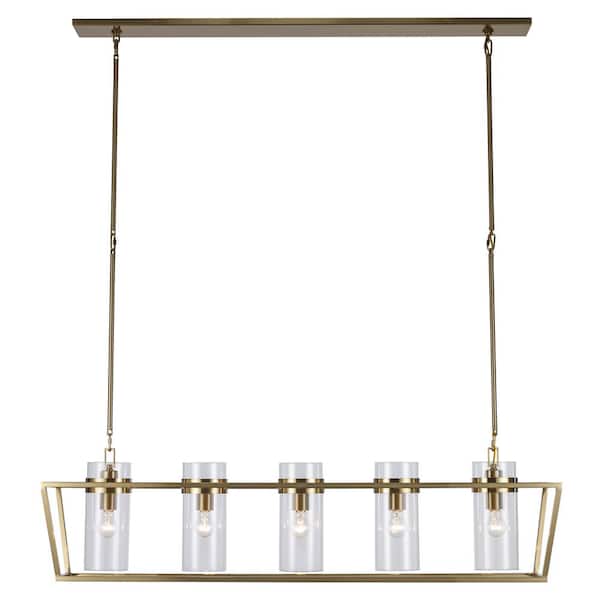 Rael 5-Light Antique Gold Linear Kitchen Island Pendant Light Fixture with Clear Glass Shades
