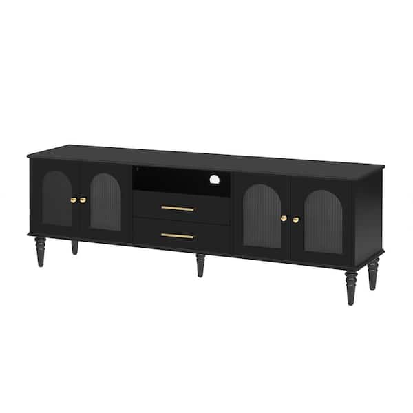 Black TV Stand Fits TV's up to 75 in. with Fluted Glass Doors and Five Solid Wood Legs