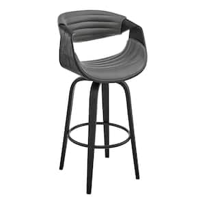 Arya 30 in. Bar Height High Back Swivel Bar Stool in Grey Faux Leather and Black Wood