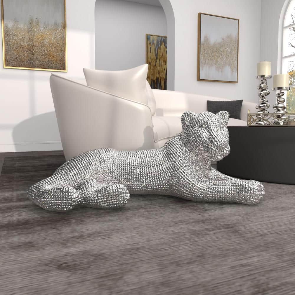 Silver Polystone Glam Leopard Floor Sculpture with Faceted Diamond Texture