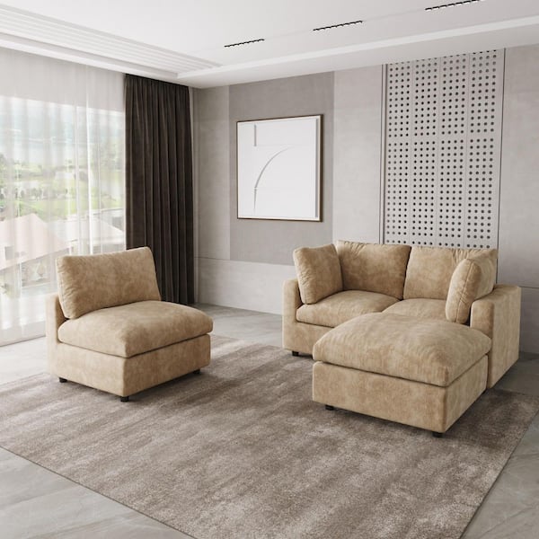 100.5 in. Square Arm Chenille 4-piece Sectional Sofa with Ottoman and Removable Covers in Brown L-Shaped