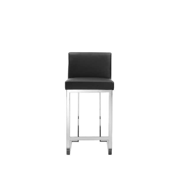 Benjara 26 in. Black and Chrome Low Back Metal Frame Bar Stool with Faux Leather Seat