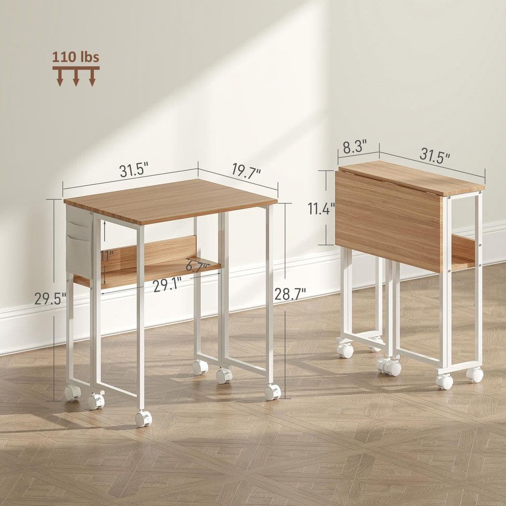 Mdf Computer Table HOMCOM 31.5 in. Small Rolling Foldable Writing Table Natural Wood ...