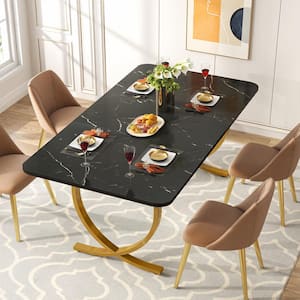 Halseey Modern Black Wood 63 in. Trestle Dining Table Seats 4 to 6 with Faux Marble Table Top