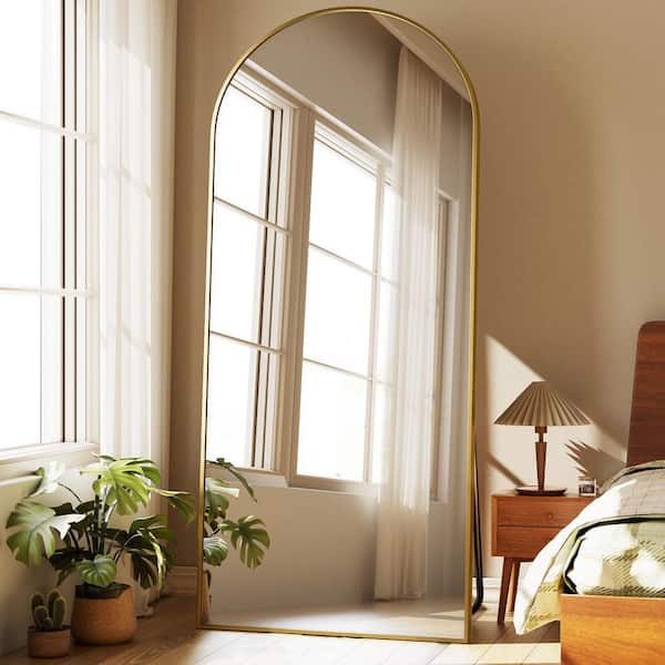 Gold 30 in. W x 67 in. H Arched Aluminum Framed Full Length Floor Mirror