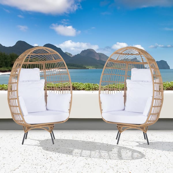 BFB 2 -Pieces Oversized Patio Brown Wicker Swivel Egg Chair, Indoor Outdoor Rattan Egg Chair