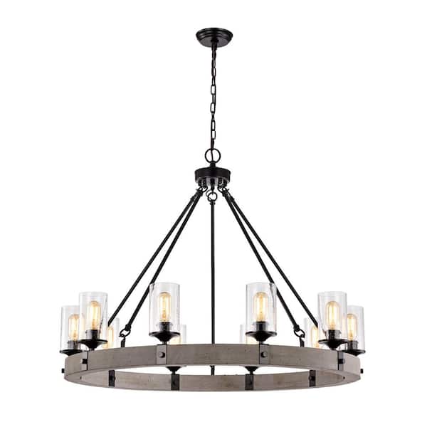 Edvivi 10-Light Slate Wood and Black Wheel Chandelier with Seedy Glass Shades