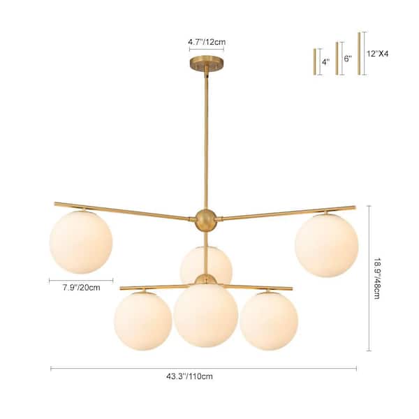 6-Light Brush Gold Mid Century Globe Chandelier Modern Hanging Light Fixture for Dining Room with White Glass Shade