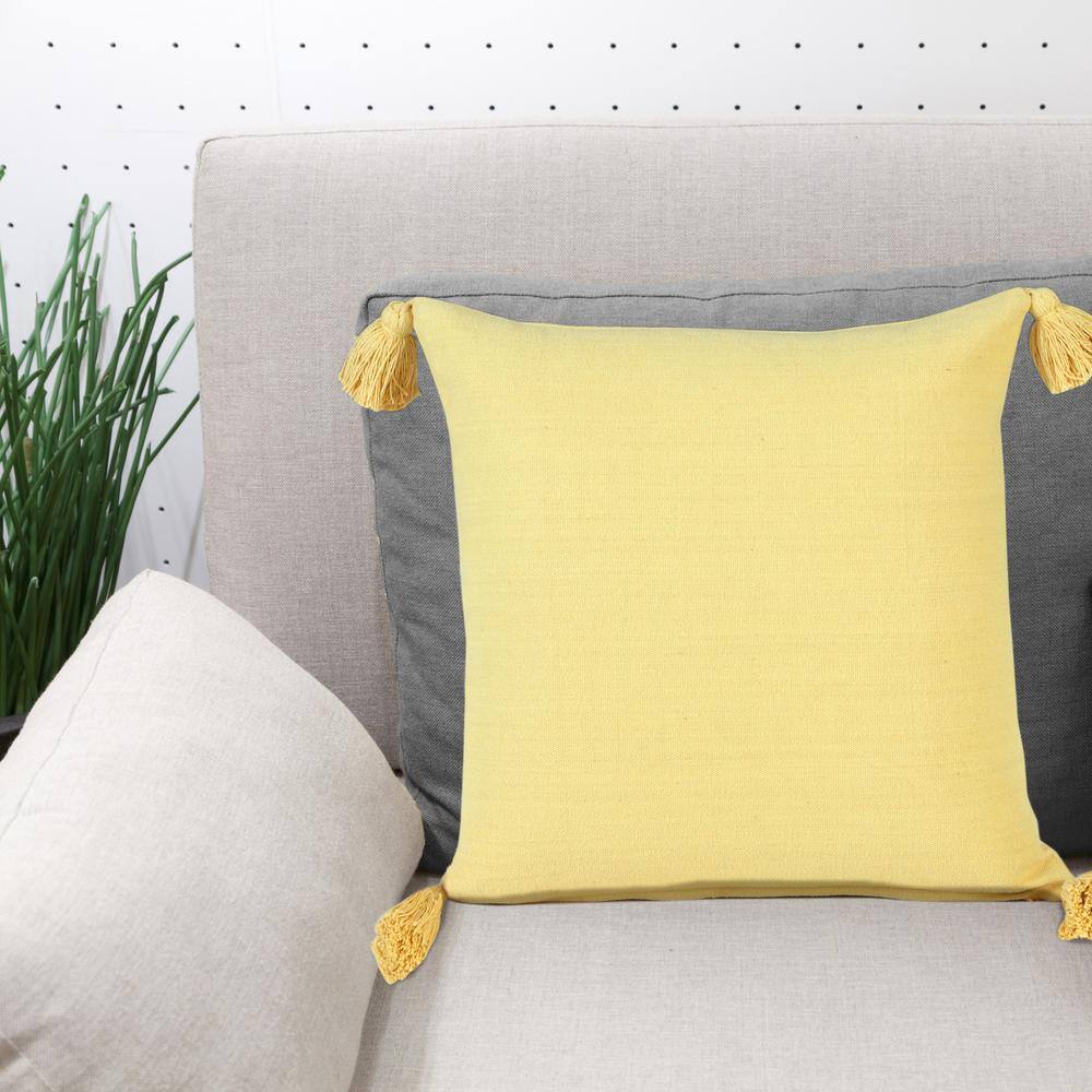Yellow Cotton Square Throw Pillow with Tassels