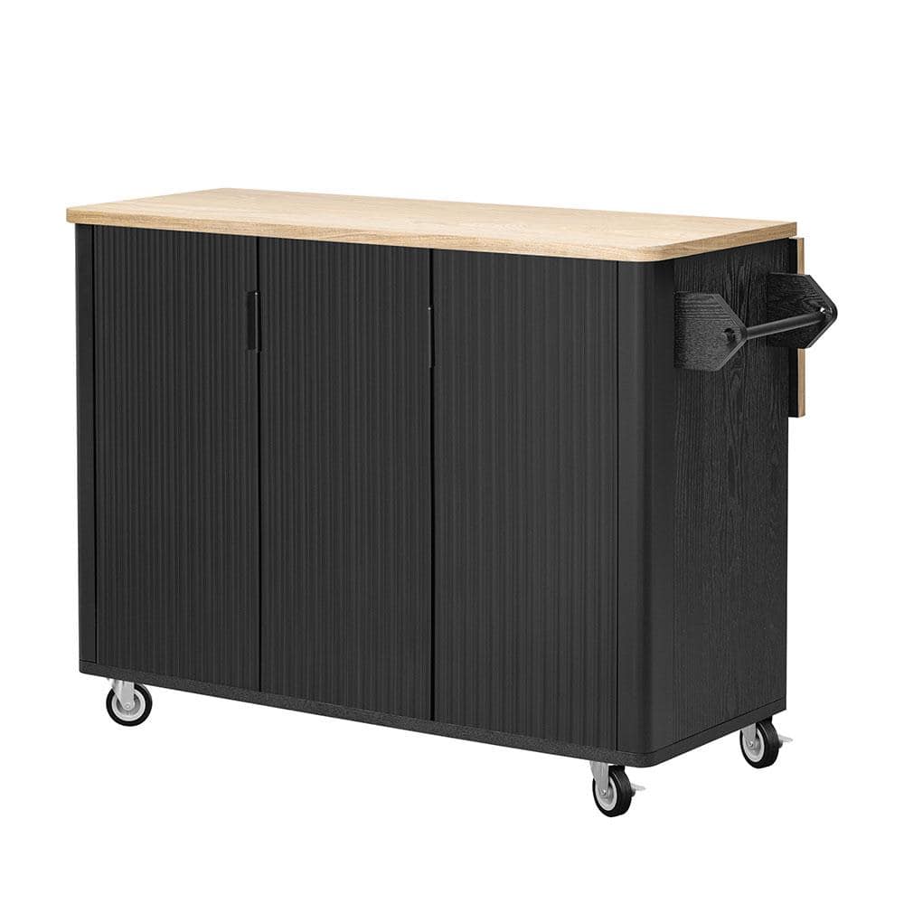 Black Solid Pine Wood 51 in. Kitchen Island, Rolling Kitchen Cart with Drop
