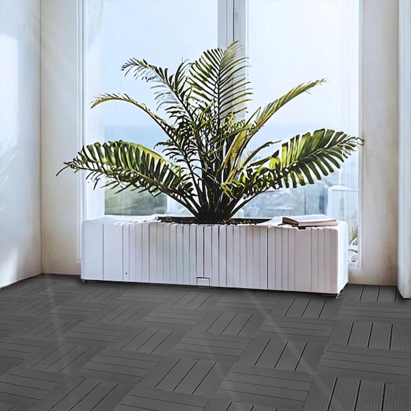 GOGEXX 12 in. W x 12 in. L Outdoor Stripe Plastic Composite Flooring Deck Tiles (35 Per Box), Gray