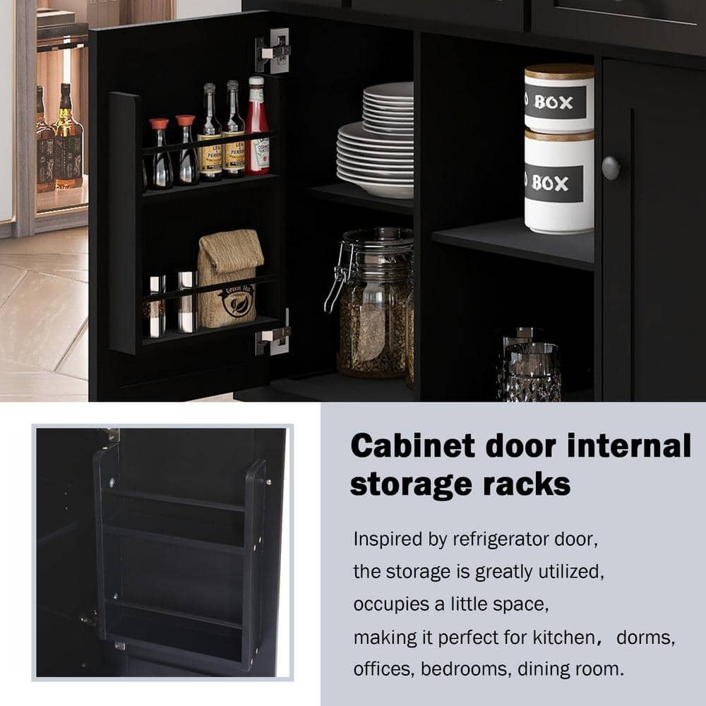 Black Wood Drop-Leaf Kitchen Cart with Storage and Spice Rack
