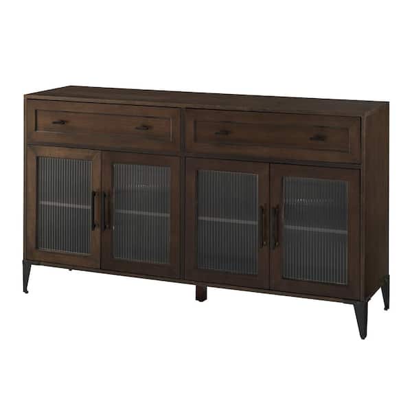 Welwick Designs Dark Brown Oak Wood and Fluted Glass 4-Door Urban Transitional Sideboard