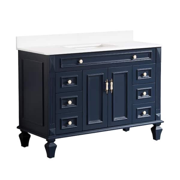 WELLFOR Artwood 48 in. W x 22 in. D x 35 in. H Bath Vanity in Navy Blue with Carrera White Vanity Top with Single White Basin