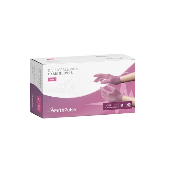 FifthPulse Medium Vinyl Powder Free-Medical Examination Disposable Gloves in Pink (100-Count)