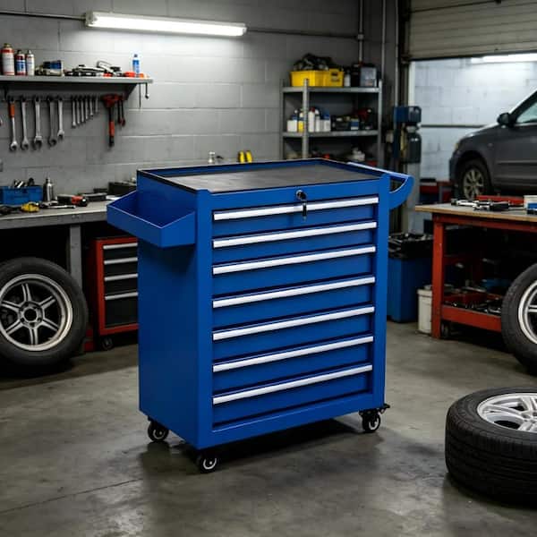 Damodpoy Blue 7-Drawer Rolling Tool Cart with Foldable Side Tray