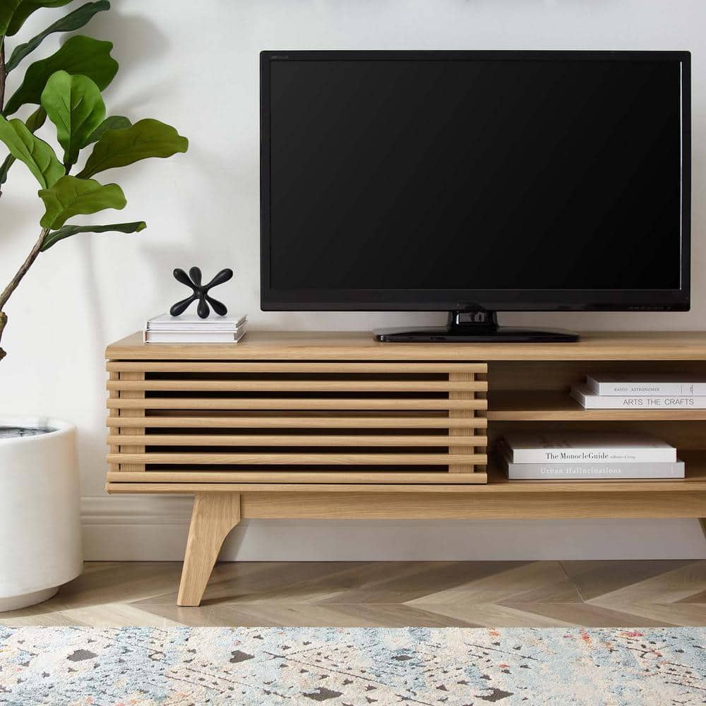 Modern Oak 48" TV Stand with Slatted Cabinet and Tapered Legs
