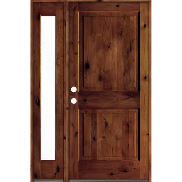 Krosswood Doors 56 in. x 80 in. Rustic knotty alder Right-Hand/Inswing Clear Glass Red Chestnut Stain Wood Prehung Front Door w/Sidelite