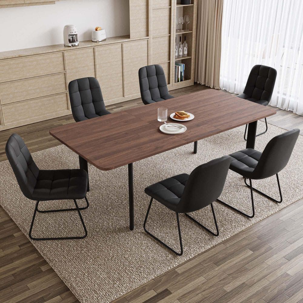 7-Piece Set Black Chairs and Walnut Rectangular Dining Table, Dining Table Set, Dining Room Set with 6 Chairs