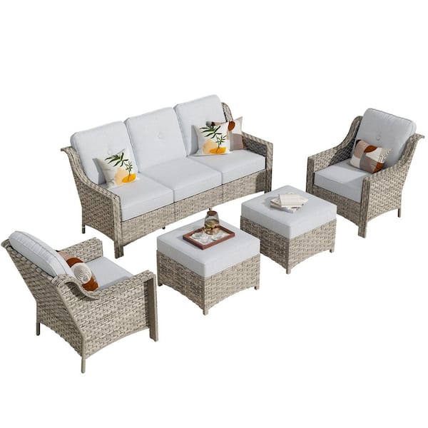Eureka Grey 5-Piece Wicker Modern Outdoor Patio Conversation Sofa Seating Set with Light Grey Cushions