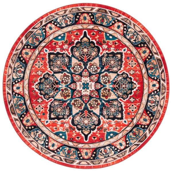 SAFAVIEH Riviera Black/Red 7 ft. x 7 ft. Machine Washable Medallion Border Round Area Rug